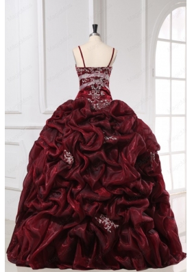 Burgundy Spaghetti Straps Appliques and Pick Ups Long Quinceanera Dress