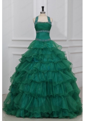Green Halter Top Beading and Ruffles Layered Quinceanera Dress