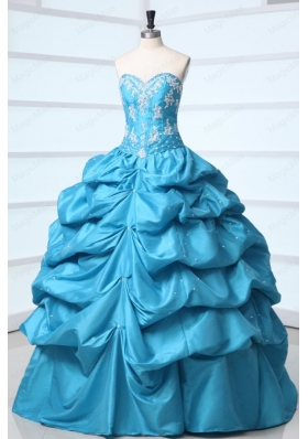 Teal Sweetheart Taffeta Quinceanera Dress with Appliques and Pick Ups