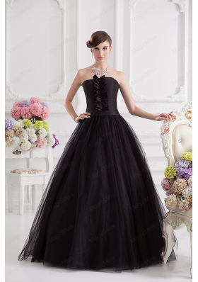 Simple A Line Strapless Tulle Black Quinceanera Dress with Ruffles