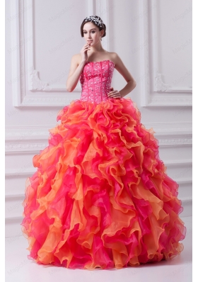 Spring Puffy Multi-color Strapless Beading 2015 Quinceanera Dress with Ruffles