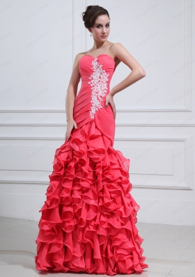 2015 Brand New Mermaid Coral Red Appliques and Ruffles Prom Dresses