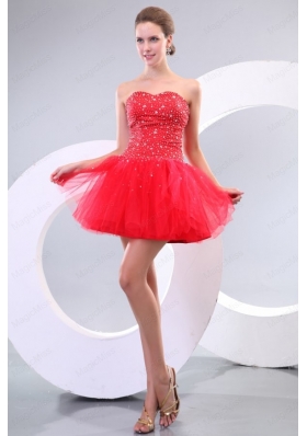 Red A Line Sweetheart Beading Tulle Mini Length Prom Dress