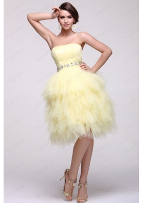 Light Yellow A Line Strapless Beading Prom Dress with Layers