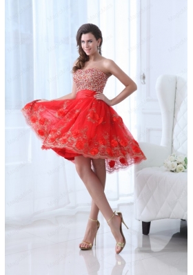 Red A Line Sweetheart Tulle Prom Dress with Beading and Hand Made Flowers