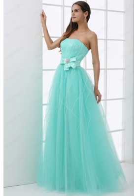 A Line Baby Blue Strapless Sash Beading Tulle Prom Dress