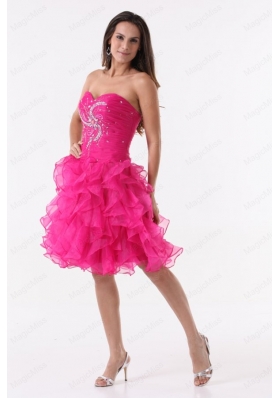 Princess Hot Pink Ruffles Beading Ruching Knee Length Prom Cocktail Dress