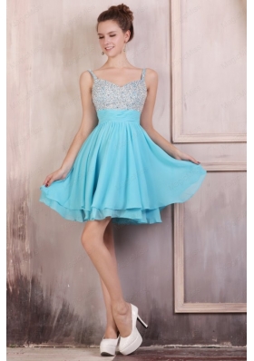 Beaded Decorate Brust Straps Chiffon Knee Length Aqua Blue Prom Dress