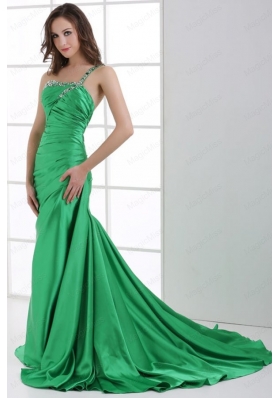 A Line Green One Shoulder Beading and Ruching Sweep Train Prom Dress