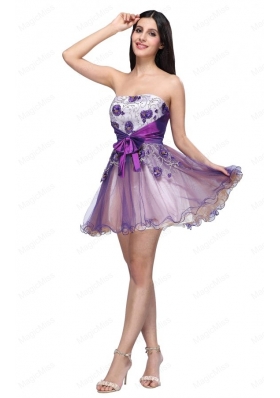 Princess Strapless Appliques Sash Organza Mini Length Prom Dress