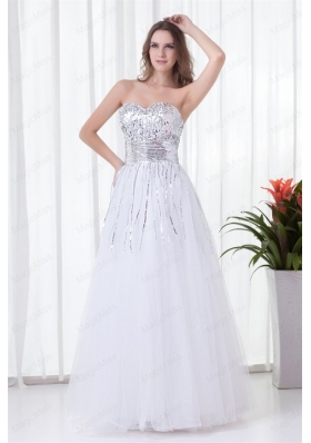 Elegant White Sweetheart Tulle Floor Length Paillette  Prom Dress