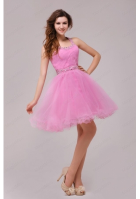 Rose Pink Halter Top Beading and Ruching Bridesmaid Dresses