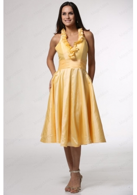 Simple Halter Top Ruffles Yellow Bridesmaid Dress with Tea Length