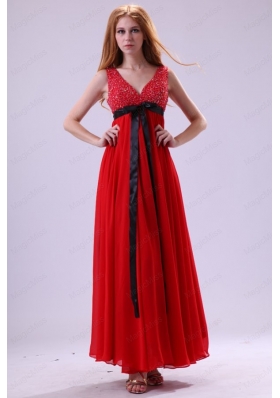 Beading Ankle Length V Neck Chiffon 2015 Bridesmaid Dress in Red