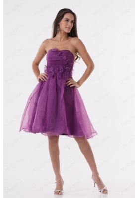 A Line Purple Strapless Appliques Organza Knee Length Bridesmaid Dresses