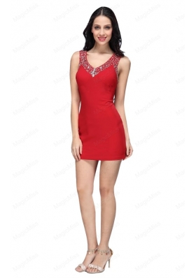 Column Wine Red Beading V Neck Mini Length Chiffon Bridesmaid Dress