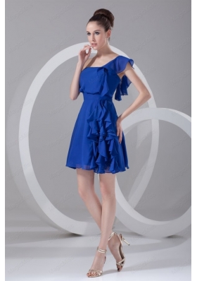 A Line One Shoulder Blue Chiffon Mini Length Ruching Bridesmaid Dress