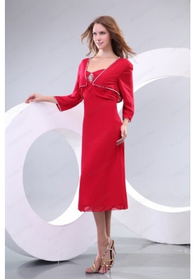 Column Red Strapless Beading Chiffon Mother of the Bride Dresses