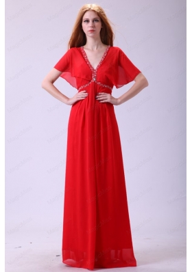 Affordable V Neck Beading Short Sleeves Mother of the Bride Dresses in Red