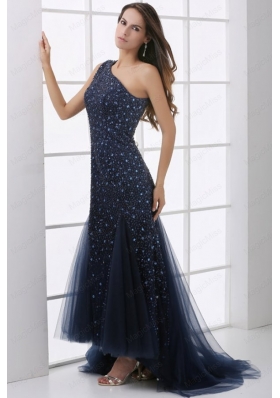 Mermaid One Shoulder Navy Blue Beading Tulle Mother of the Bride Dresses