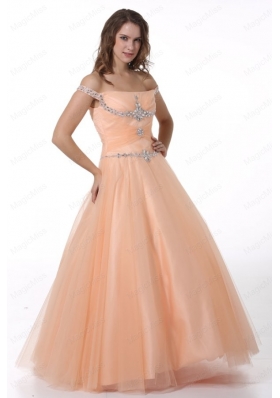 Peach Off The Shoulder Beading Ruching Tulle Mother of the Bride Dresses