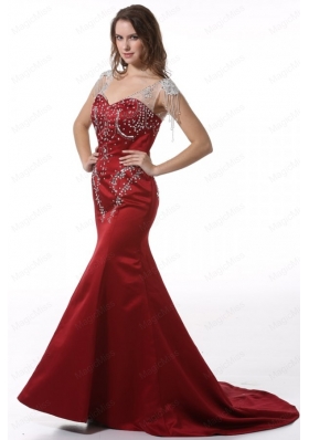 Wine Red Court Train V Neck Mermaid Mother of the Bride Dresses with Beading