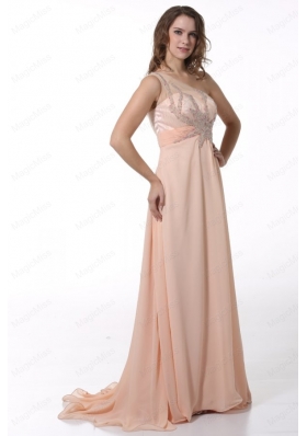 Peach Empire One Shoulder Brush Train Mother of the Bride Dresses with Beading