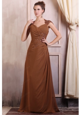 V Neck Column Chiffon Appliques Mother of the Bride Dresses in Brown
