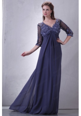Empire V Neck Chiffon Appliques Mother of the Bride Dresses with 3/4 Sleeves