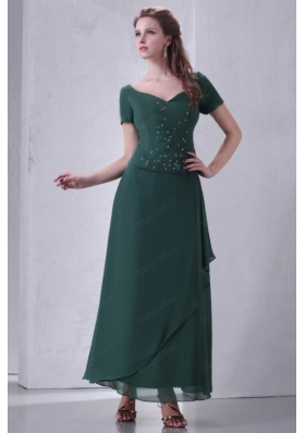 V Neck Chiffon Beading 2015 Mother of the Bride Dresses with Short Sleeves