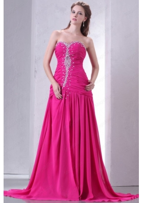 A Line Sweetheart Beading and Ruching Chiffon Prom Dress in Hot Pink