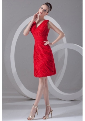 Column V Neck Mini Length Chiffon Red Ruching Prom Dress