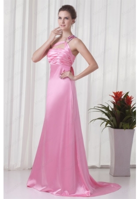Brand New Column One Shoulder Brush Train Pink 2014 Prom Dress with Criss Cross