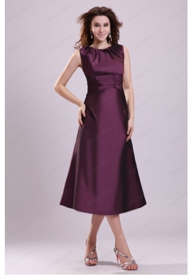 Purple A Line Scoop Tea Length Prom Dress with Beading