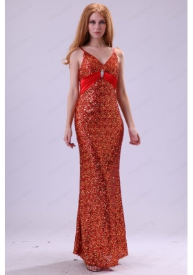 Sexy Column Straps Floor Length Red Sequins Prom Dress with Paillette