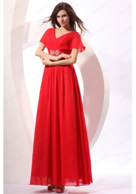 Empire V Neck Floor Length Chiffon Beading Short Sleeves Red Prom Dress