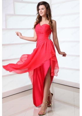Coral Red Column Chiffon One Shoulder High Low Beading Chiffon Prom Dress