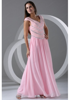 Pink Empire V Neck Cap Sleeves Prom Dress with Beading