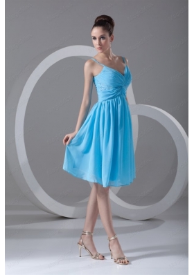 Taffeta A Line Straps Aqua Blue Beading Knee Length Prom Dress