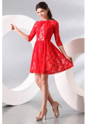 Bateau Lace Fabric Over Skirt Mini Length Prom Dress with Half Sleeves