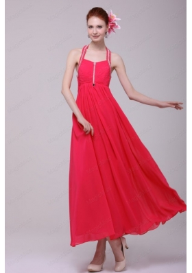 Empire Halter Top Neck Red Beading Ankle Length Prom Dress