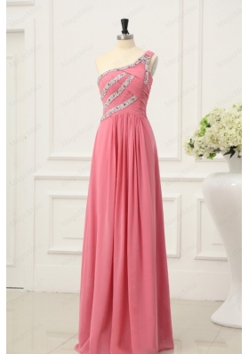 Empire Watermelon One Shoulder Beaded Decorate Full Length Prom Dress