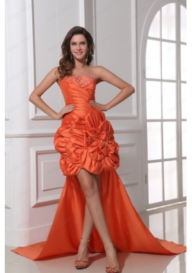 A Line Orange Red Strapless Ruching and Beading High Low Prom Dress