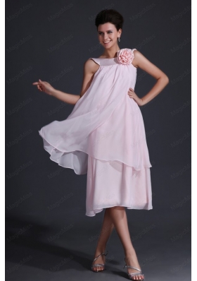Baby Pink Bateau Flowers Prom Dress with Tea Length