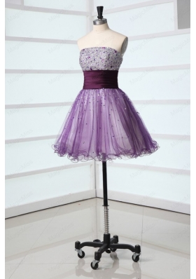 Purple A Line Strapless Beaded Short Prom Dress