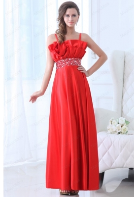 Taffeta Red Empire One Shoulder Ankle Length Beading Prom Dress