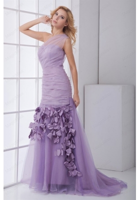 New One Shoulder Lilac Ruching Brush Train Organza Prom Dress with Side Zipper