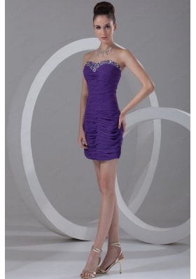 Column Sweetheart Mini Length Purple Chiffon Prom Dress with Beading