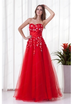 A Line Sweetheart Red Long Beading Tulle 2014 Prom Dress