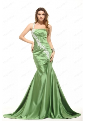 Mermaid One Shoulder Olive Green Prom Dress with White Appliques